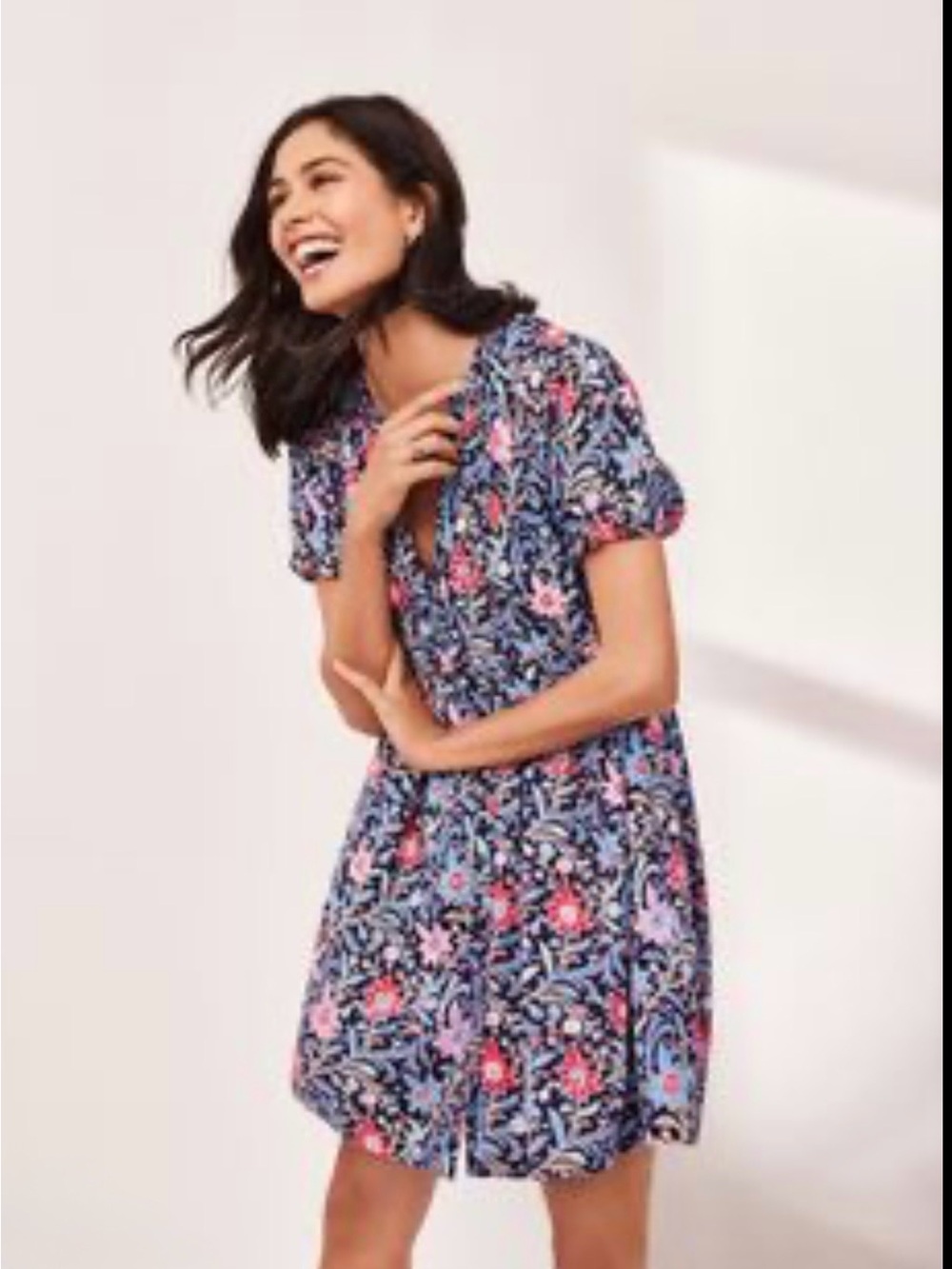 LOFT Floral V-Neck Mini Dress in Black, Pink, Blue